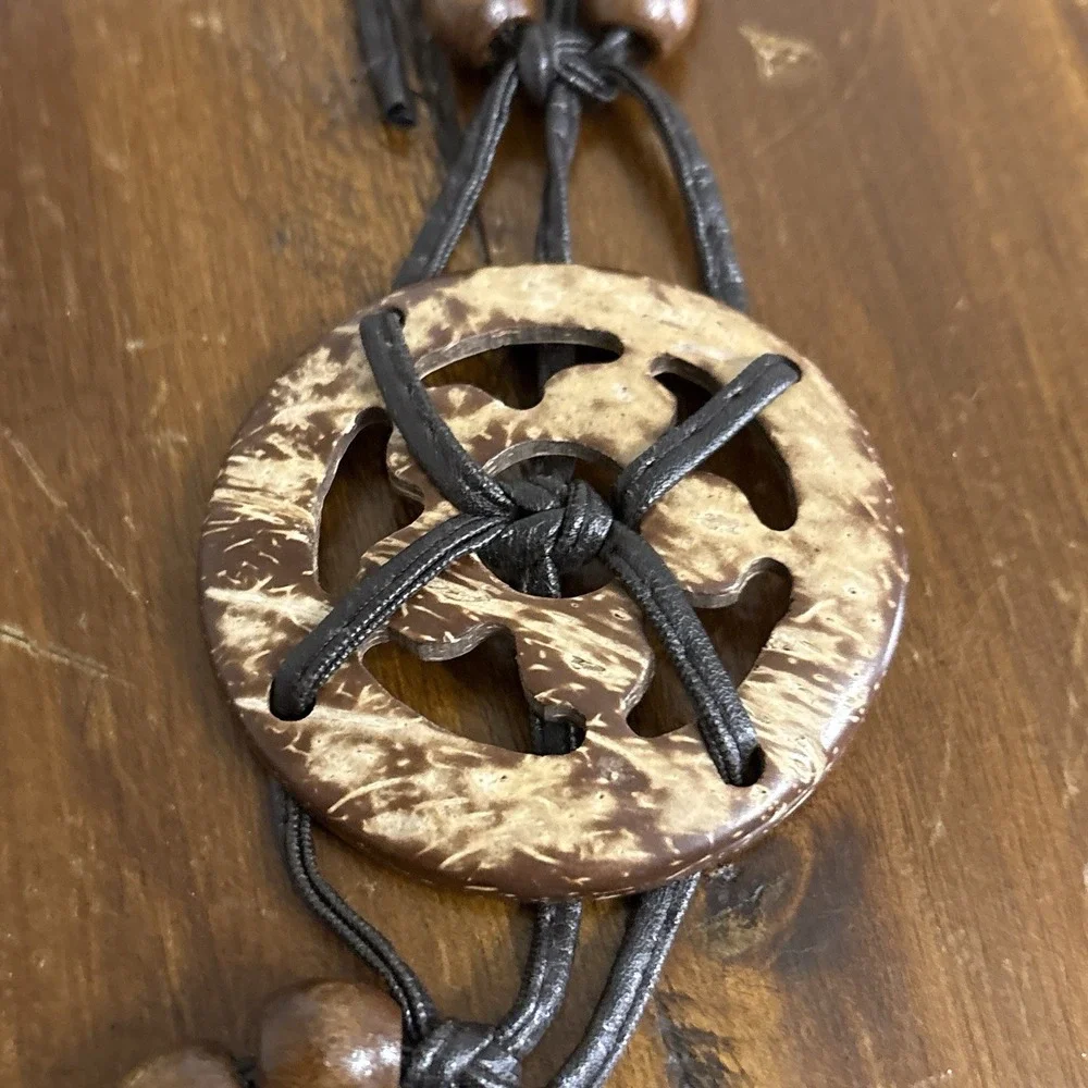 Boho Hip Hugger Brown Braided Beaded Wood and Coconut Shell Tie Belt Fringe
